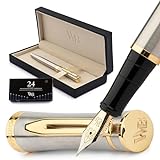 Wordsworth & Black Fountain Pen Set, Medium Nib, Includes 24 Ink Cartridges and Ink Refill Converter, Gift Case, Journaling, Calligraphy, Smooth Writing Pens [Silver Gold], Perfect for Men and Women