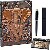 3D Elephant Cover Notebook Writing Journal Plus Pen Set,Pen Holder, Elastic Closure Hardcover Personal Journal Diary Planner Thick Lined Paper,Gifts for Women Men (RedBronze, A5(8.3'*5.7')