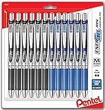 Pentel EnerGel 0.7 mm RTX Retractable Liquid Gel Pen, Bulk Combo Pack of 6 BLACK INK & 6 BLUE INK metal (Total of 12 Deluxe Pens in box) Medium Line, Metal Tip pens