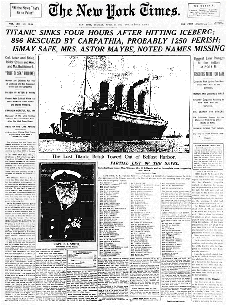 Example of Newspaper Headlines: Titanic Sinks Four Hours After Hitting Iceberg