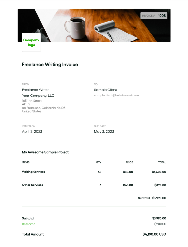 Bonsai Freelance Writing Invoice Template