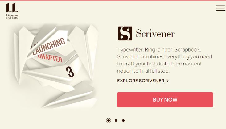 Webpage of Scrivener are seen on a laptop computer