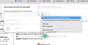 Turning off Grammarly in Outlook