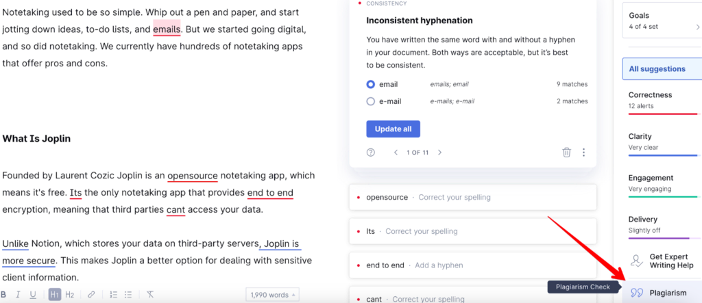 Grammarly scans for plagiarism 