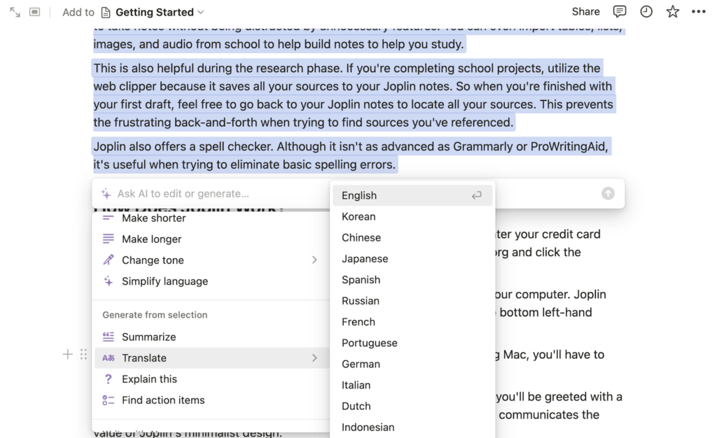 Notion translates your writing and offers more features