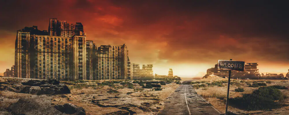 Post-apocalyptic background image of desert city wasteland with abandoned and destroyed buildings, cracked road and sign