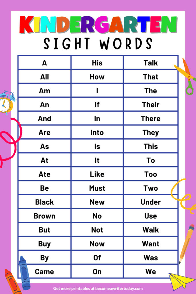 Kindergarten sight words printable