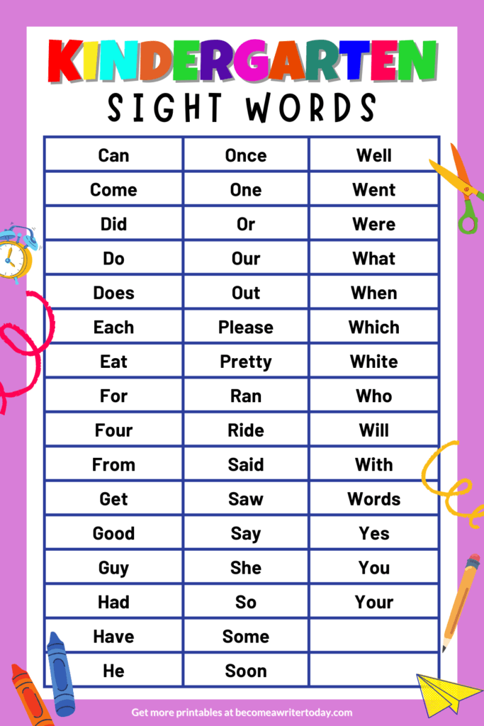 Kindergarten sight words printable