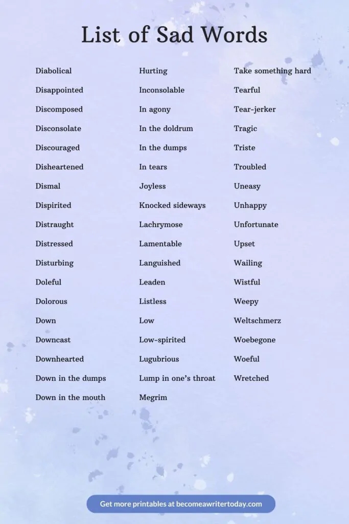 List of sad words printable