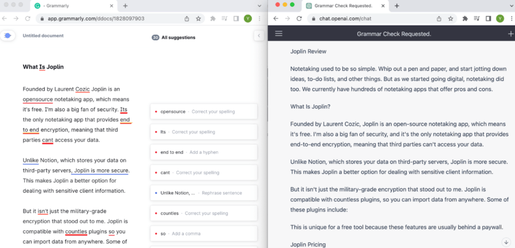 Grammarly and ChatGPT side-by-side